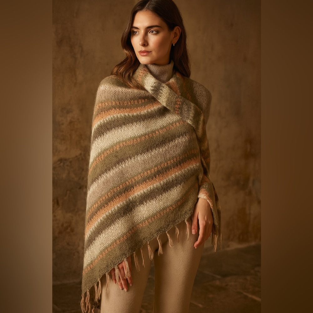 Handmade Crochet Shawl Mohair Blend Wrap Striped Scarf Boho chic Rustic Cozy
